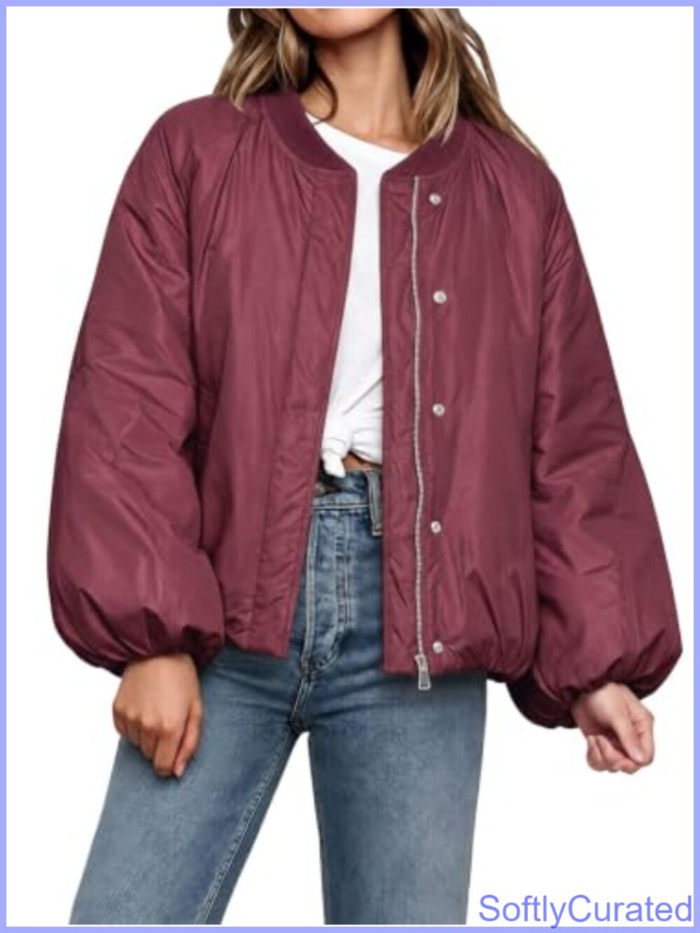 Quilted Cropped Bomber Jacket Lightweight Oversized Zip Snap